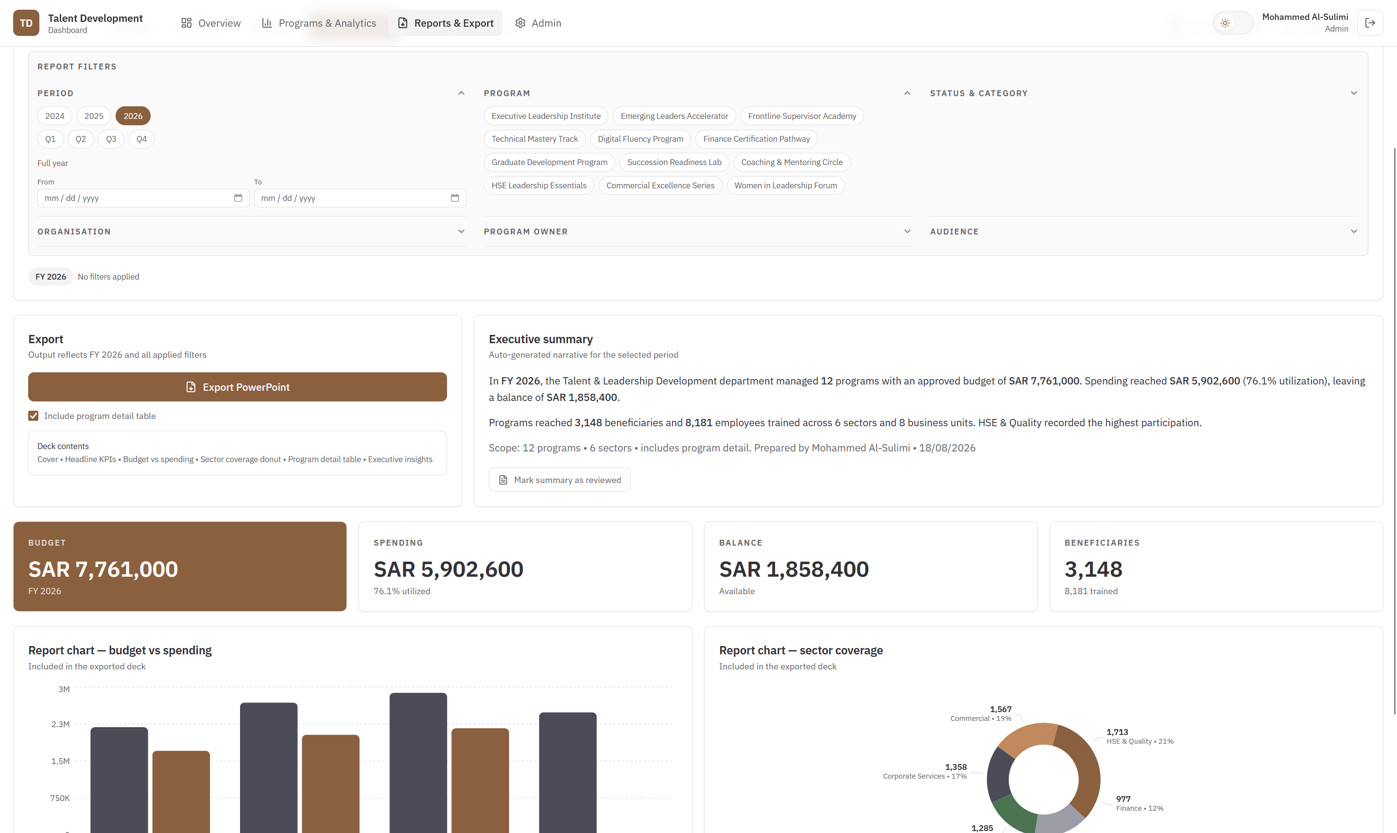 TDS — Reports & Export page
